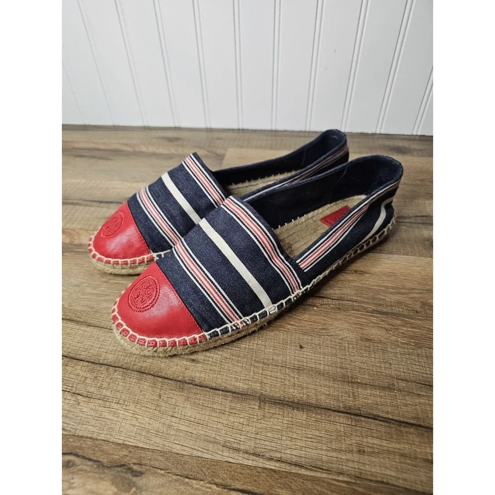 Tory Burch Red Blue White Stripe Cap Toe Leather Espadrilles 10.5 Nautical